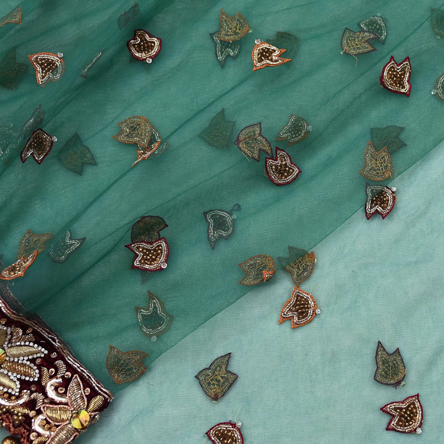 Indian Vintage Heavy Bridal Green Dupatta Net Mesh Long Stole Hand Embroidered Scarf Zardozi Zari Sequins Wedding Stole Veil hijab