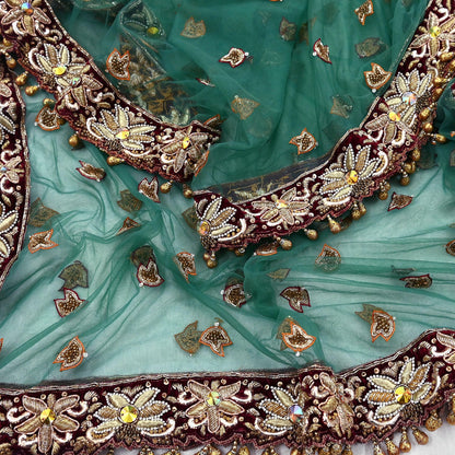 Indian Vintage Heavy Bridal Green Dupatta Net Mesh Long Stole Hand Embroidered Scarf Zardozi Zari Sequins Wedding Stole Veil hijab