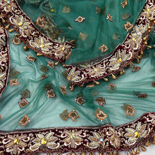 Indian Vintage Heavy Bridal Green Dupatta Net Mesh Long Stole Hand Embroidered Scarf Zardozi Zari Sequins Wedding Stole Veil hijab