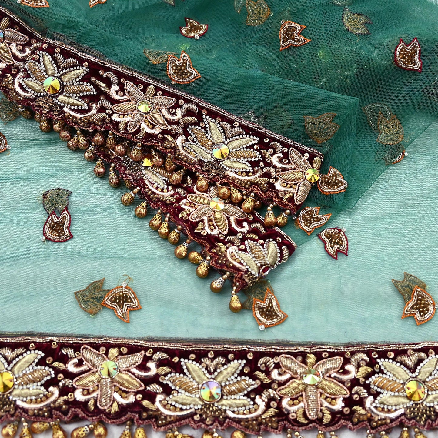 Indian Vintage Heavy Bridal Green Dupatta Net Mesh Long Stole Hand Embroidered Scarf Zardozi Zari Sequins Wedding Stole Veil hijab