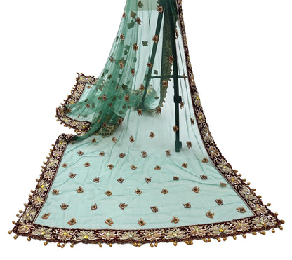 Indian Vintage Heavy Bridal Green Dupatta Net Mesh Long Stole Hand Embroidered Scarf Zardozi Zari Sequins Wedding Stole Veil hijab