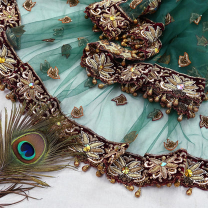 Indian Vintage Heavy Bridal Green Dupatta Net Mesh Long Stole Hand Embroidered Scarf Zardozi Zari Sequins Wedding Stole Veil hijab