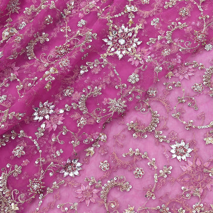 Indian Vintage Heavy Purple Dupatta Net Mesh Long Stole Hand Embroidered Scarf Purple Zardozi Zari Sequins Stole