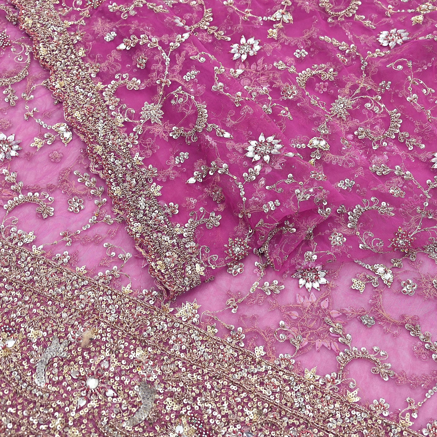 Indian Vintage Heavy Purple Dupatta Net Mesh Long Stole Hand Embroidered Scarf Purple Zardozi Zari Sequins Stole