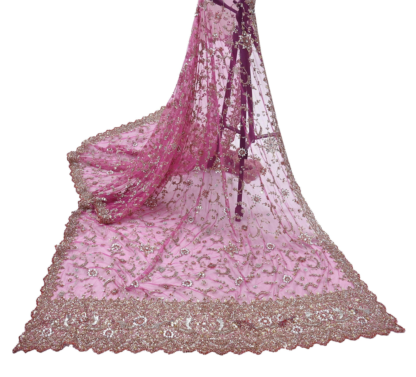 Indian Vintage Heavy Purple Dupatta Net Mesh Long Stole Hand Embroidered Scarf Purple Zardozi Zari Sequins Stole