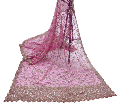 Indian Vintage Heavy Purple Dupatta Net Mesh Long Stole Hand Embroidered Scarf Purple Zardozi Zari Sequins Stole