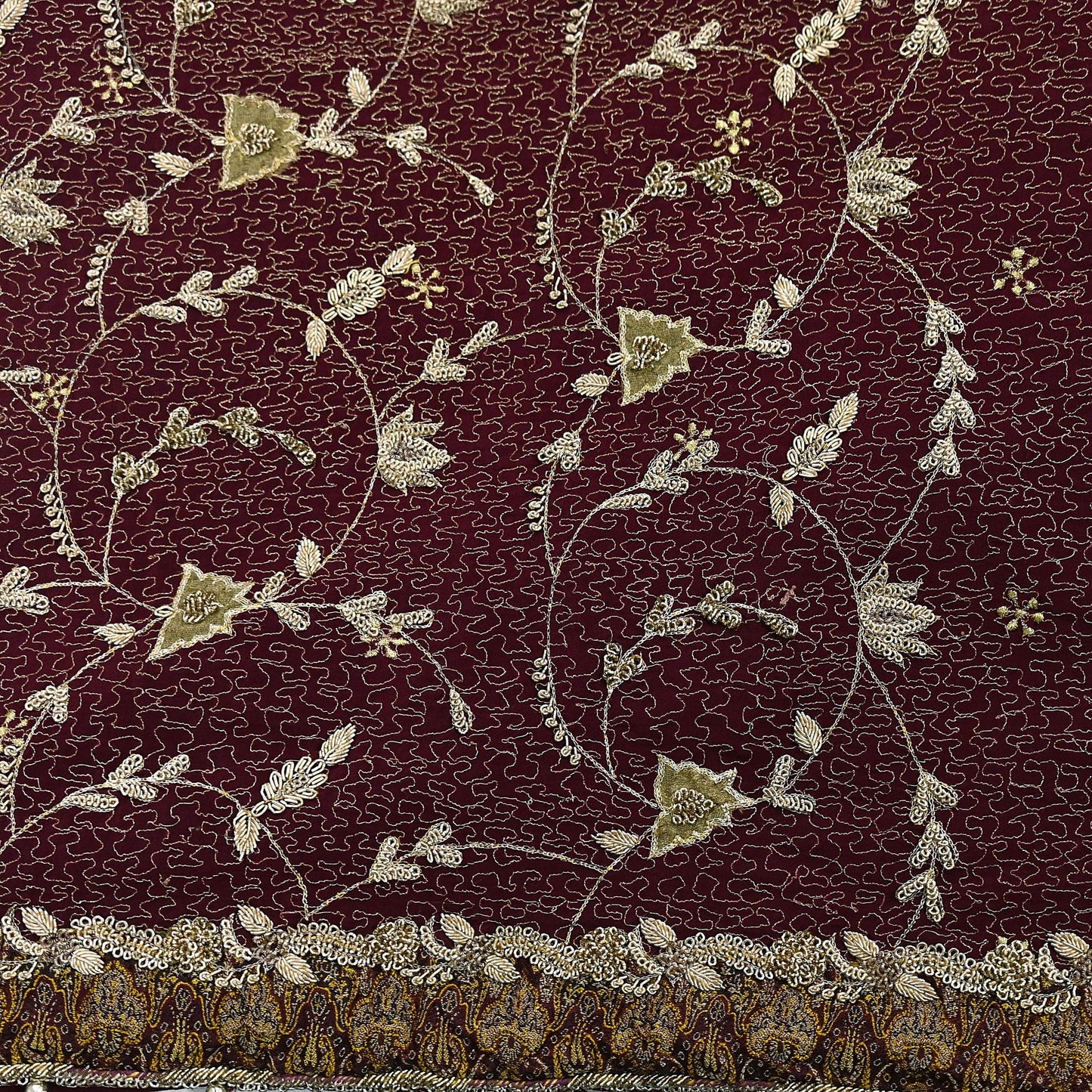 Indian Vintage Heavy Maroon Dupatta Pure Crepe Silk Long Stole Hand Embroidered Scarves Dabka Zardozi Zari Scarves Wedding/ Bridal Veil