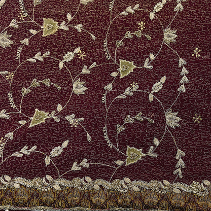 Indian Vintage Heavy Maroon Dupatta Pure Crepe Silk Long Stole Hand Embroidered Scarves Dabka Zardozi Zari Scarves Wedding/ Bridal Veil