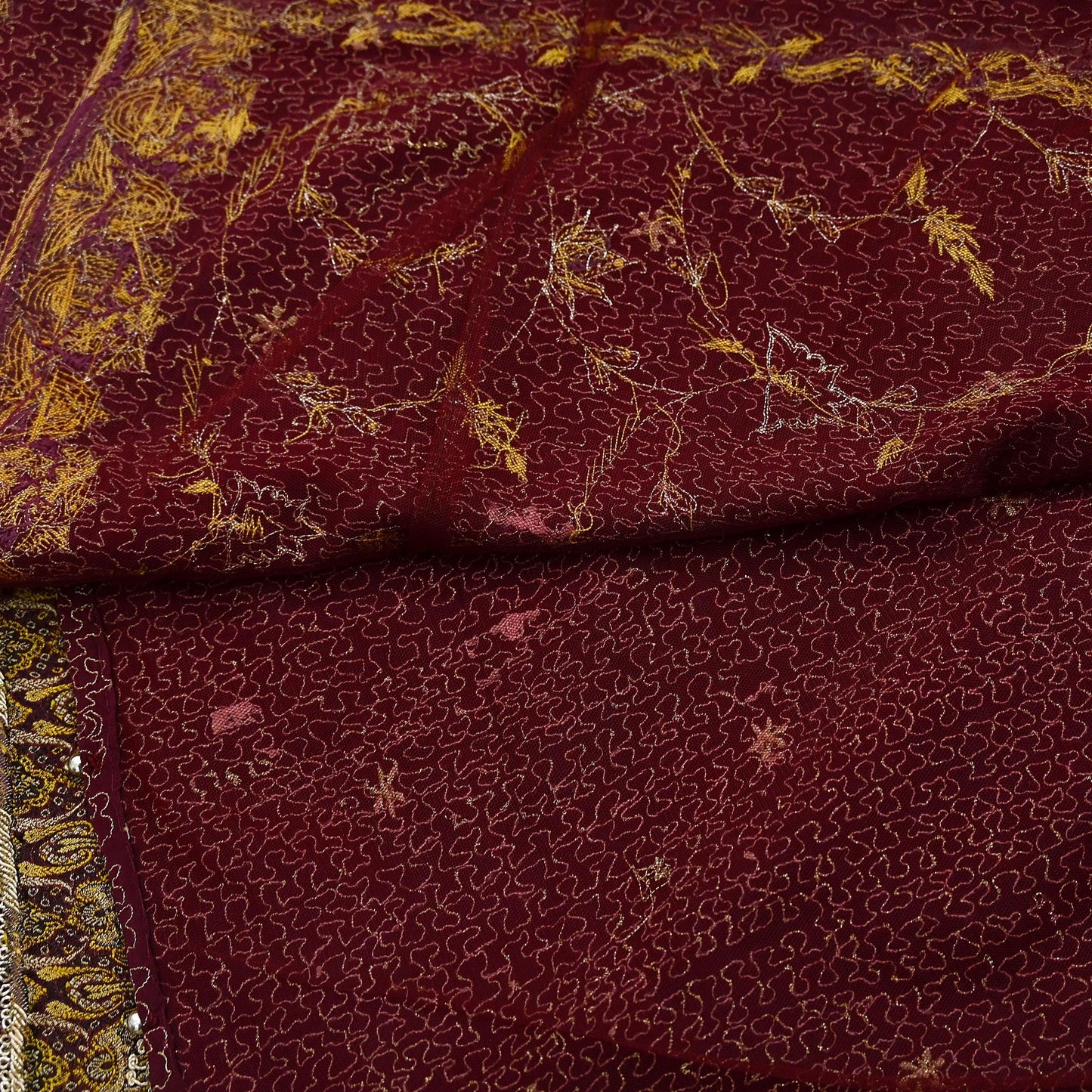 Indian Vintage Heavy Maroon Dupatta Pure Crepe Silk Long Stole Hand Embroidered Scarves Dabka Zardozi Zari Scarves Wedding/ Bridal Veil