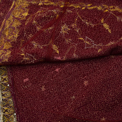 Indian Vintage Heavy Maroon Dupatta Pure Crepe Silk Long Stole Hand Embroidered Scarves Dabka Zardozi Zari Scarves Wedding/ Bridal Veil