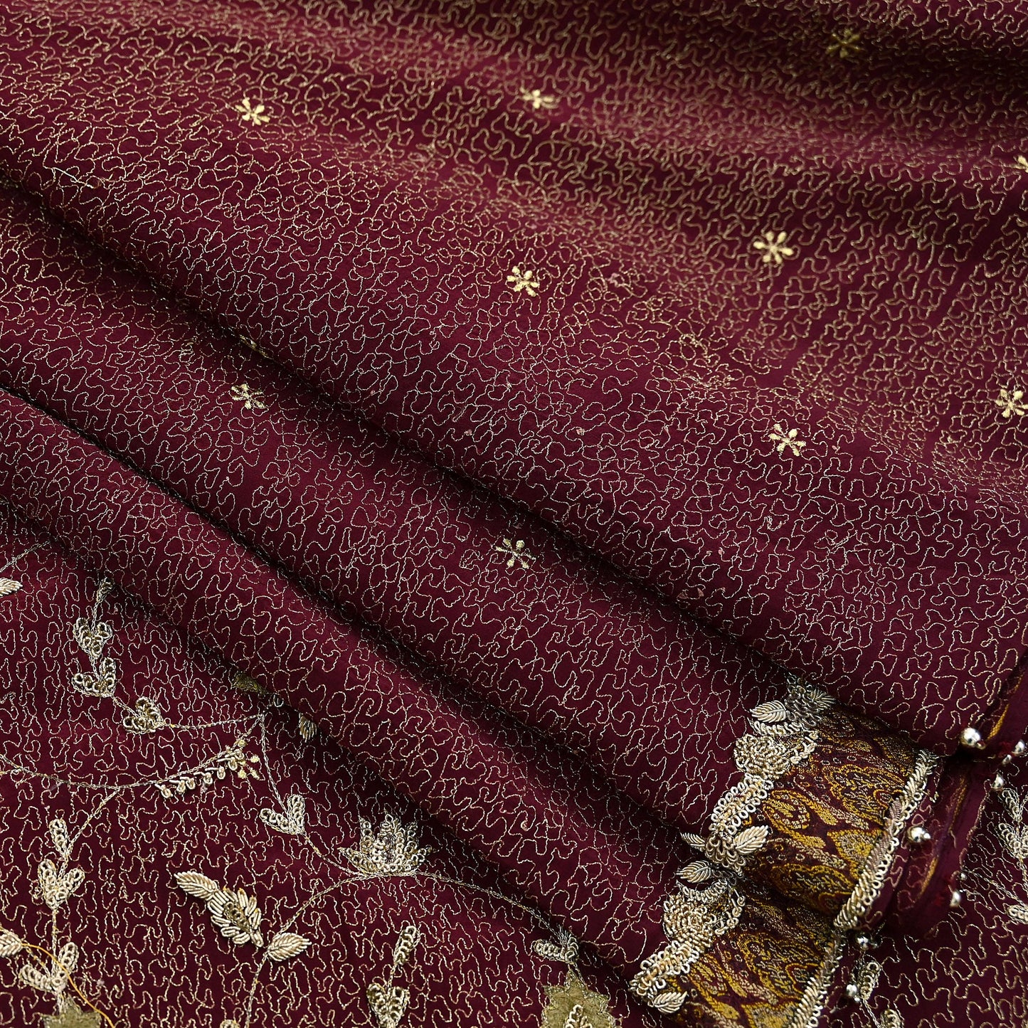 Indian Vintage Heavy Maroon Dupatta Pure Crepe Silk Long Stole Hand Embroidered Scarves Dabka Zardozi Zari Scarves Wedding/ Bridal Veil