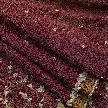 Indian Vintage Heavy Maroon Dupatta Pure Crepe Silk Long Stole Hand Embroidered Scarves Dabka Zardozi Zari Scarves Wedding/ Bridal Veil