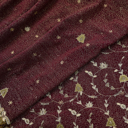 Indian Vintage Heavy Maroon Dupatta Pure Crepe Silk Long Stole Hand Embroidered Scarves Dabka Zardozi Zari Scarves Wedding/ Bridal Veil