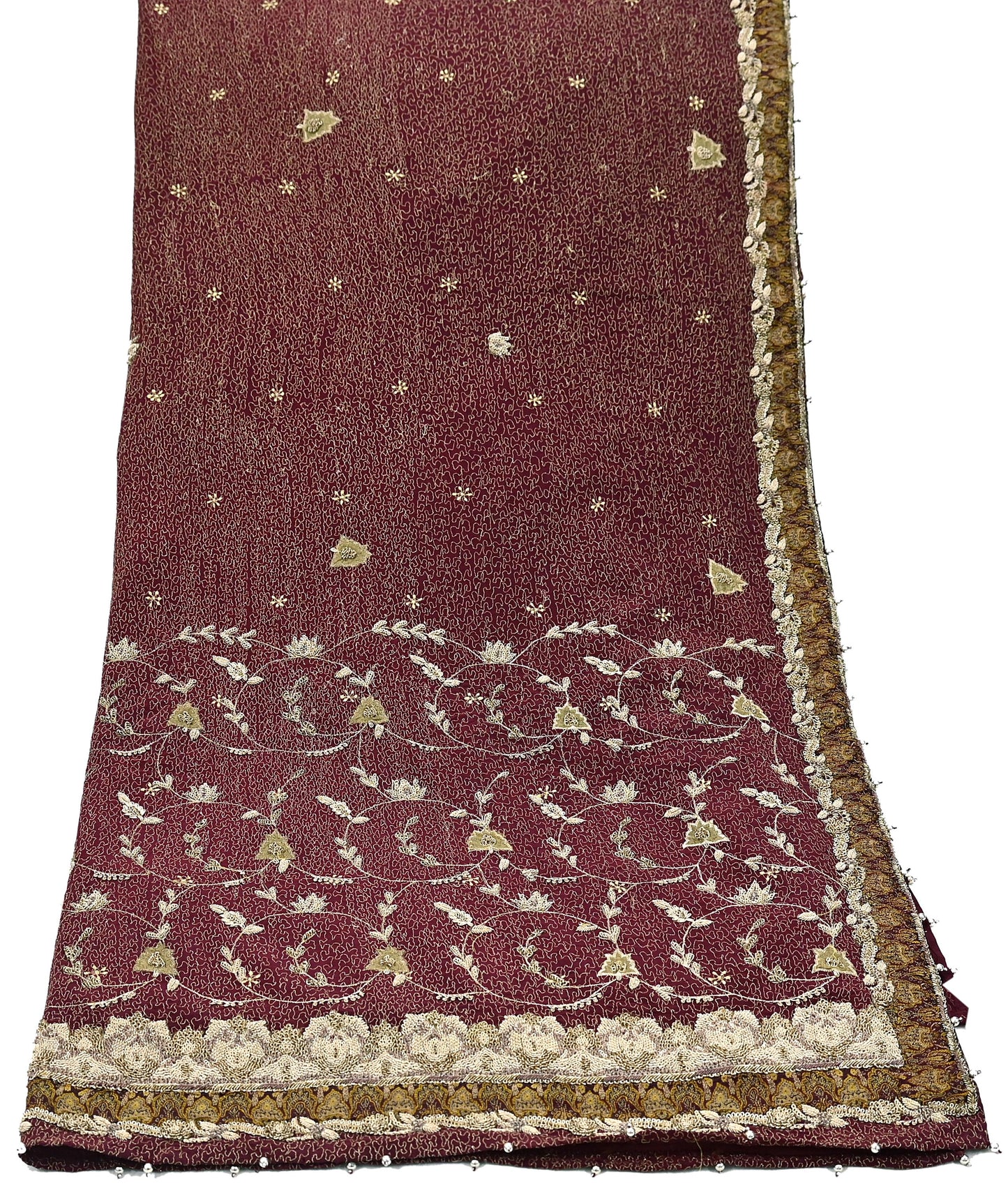 Indian Vintage Heavy Maroon Dupatta Pure Crepe Silk Long Stole Hand Embroidered Scarves Dabka Zardozi Zari Scarves Wedding/ Bridal Veil