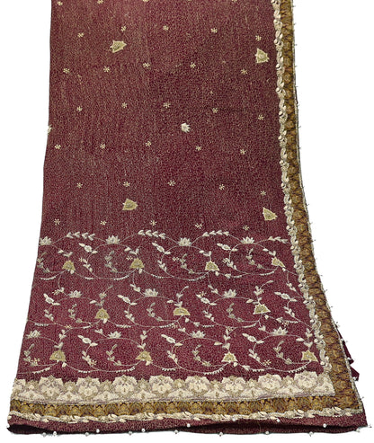 Indian Vintage Heavy Maroon Dupatta Pure Crepe Silk Long Stole Hand Embroidered Scarves Dabka Zardozi Zari Scarves Wedding/ Bridal Veil