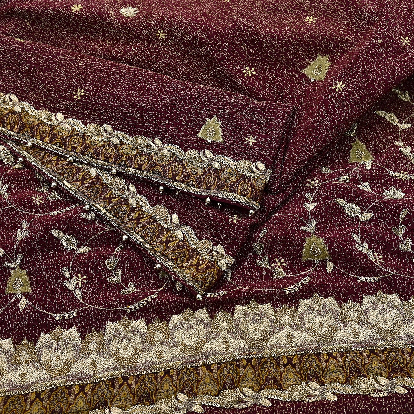 Indian Vintage Heavy Maroon Dupatta Pure Crepe Silk Long Stole Hand Embroidered Scarves Dabka Zardozi Zari Scarves Wedding/ Bridal Veil