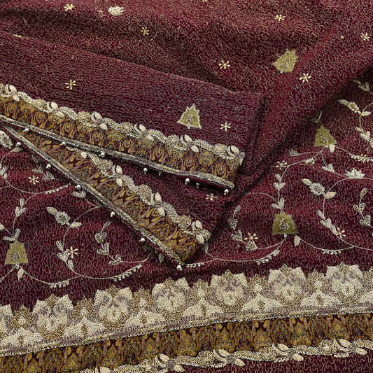 Indian Vintage Heavy Maroon Dupatta Pure Crepe Silk Long Stole Hand Embroidered Scarves Dabka Zardozi Zari Scarves Wedding/ Bridal Veil