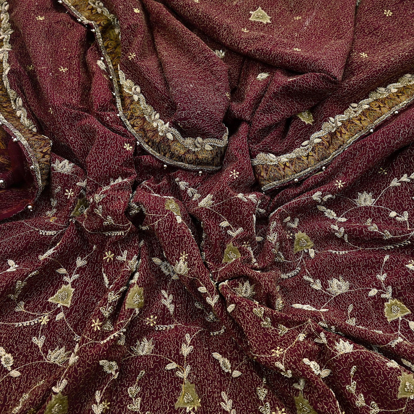 Indian Vintage Heavy Maroon Dupatta Pure Crepe Silk Long Stole Hand Embroidered Scarves Dabka Zardozi Zari Scarves Wedding/ Bridal Veil