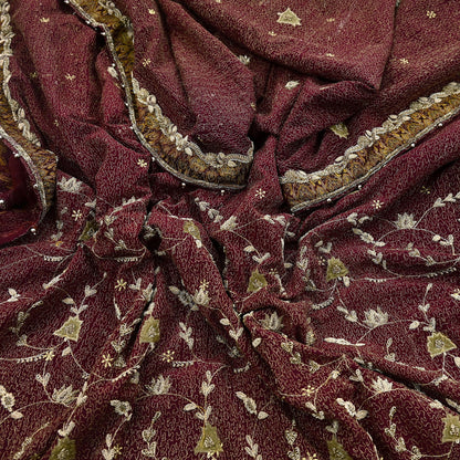 Indian Vintage Heavy Maroon Dupatta Pure Crepe Silk Long Stole Hand Embroidered Scarves Dabka Zardozi Zari Scarves Wedding/ Bridal Veil