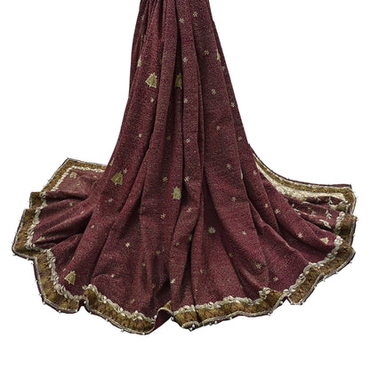 Indian Vintage Heavy Maroon Dupatta Pure Crepe Silk Long Stole Hand Embroidered Scarves Dabka Zardozi Zari Scarves Wedding/ Bridal Veil