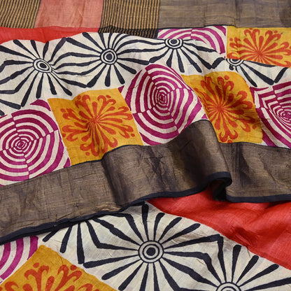 Indian Vintage Heavy Sari Red & Black Pure Khadi Silk Handloom Saree Craft Fabric 5yd Ethnic Wear Dress making For Crafting Quilting