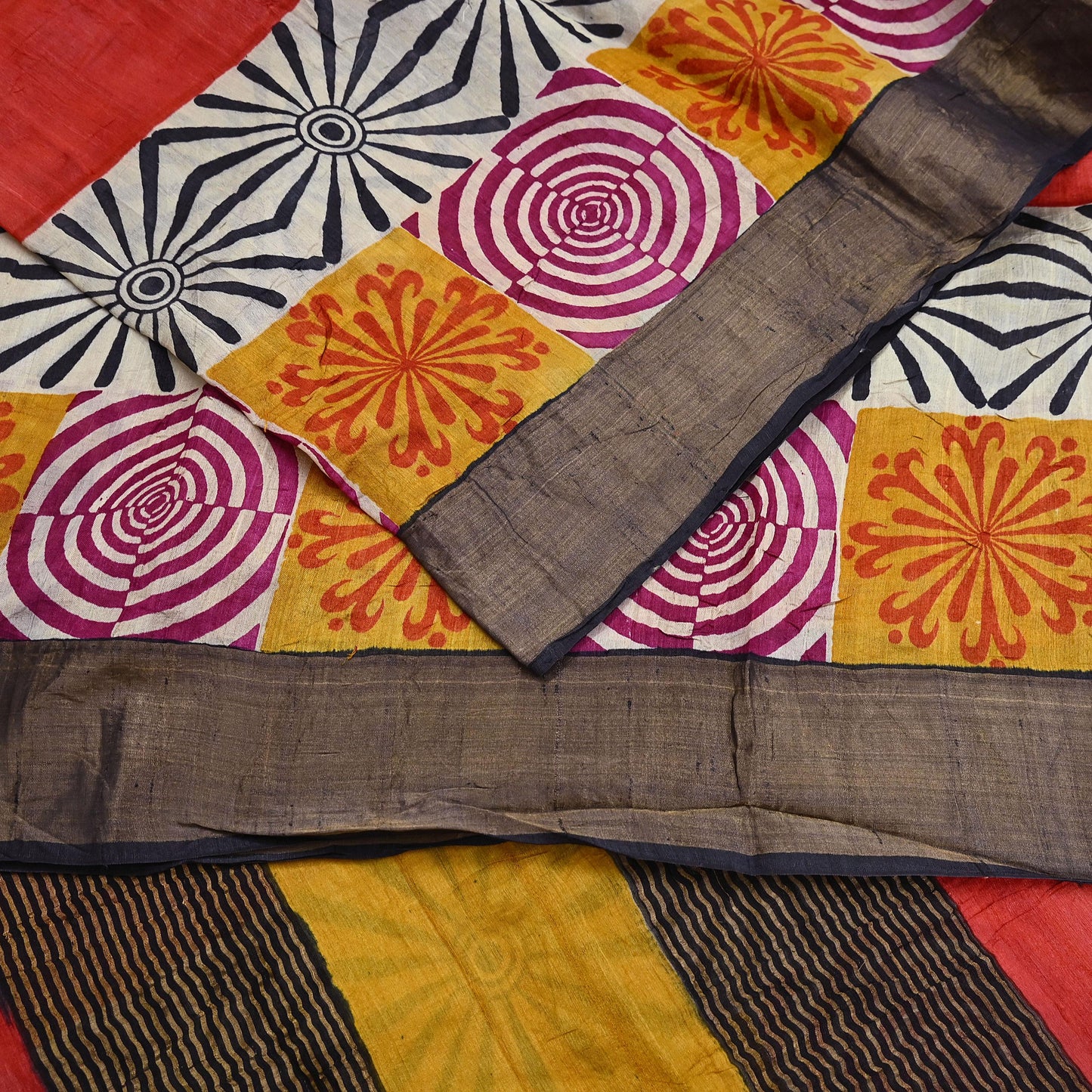 Indian Vintage Heavy Sari Red & Black Pure Khadi Silk Handloom Saree Craft Fabric 5yd Ethnic Wear Dress making For Crafting Quilting