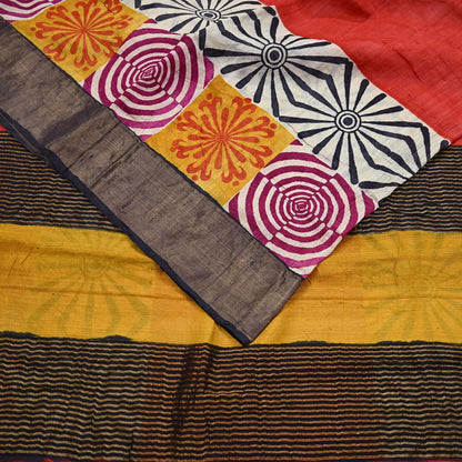 Indian Vintage Heavy Sari Red & Black Pure Khadi Silk Handloom Saree Craft Fabric 5yd Ethnic Wear Dress making For Crafting Quilting