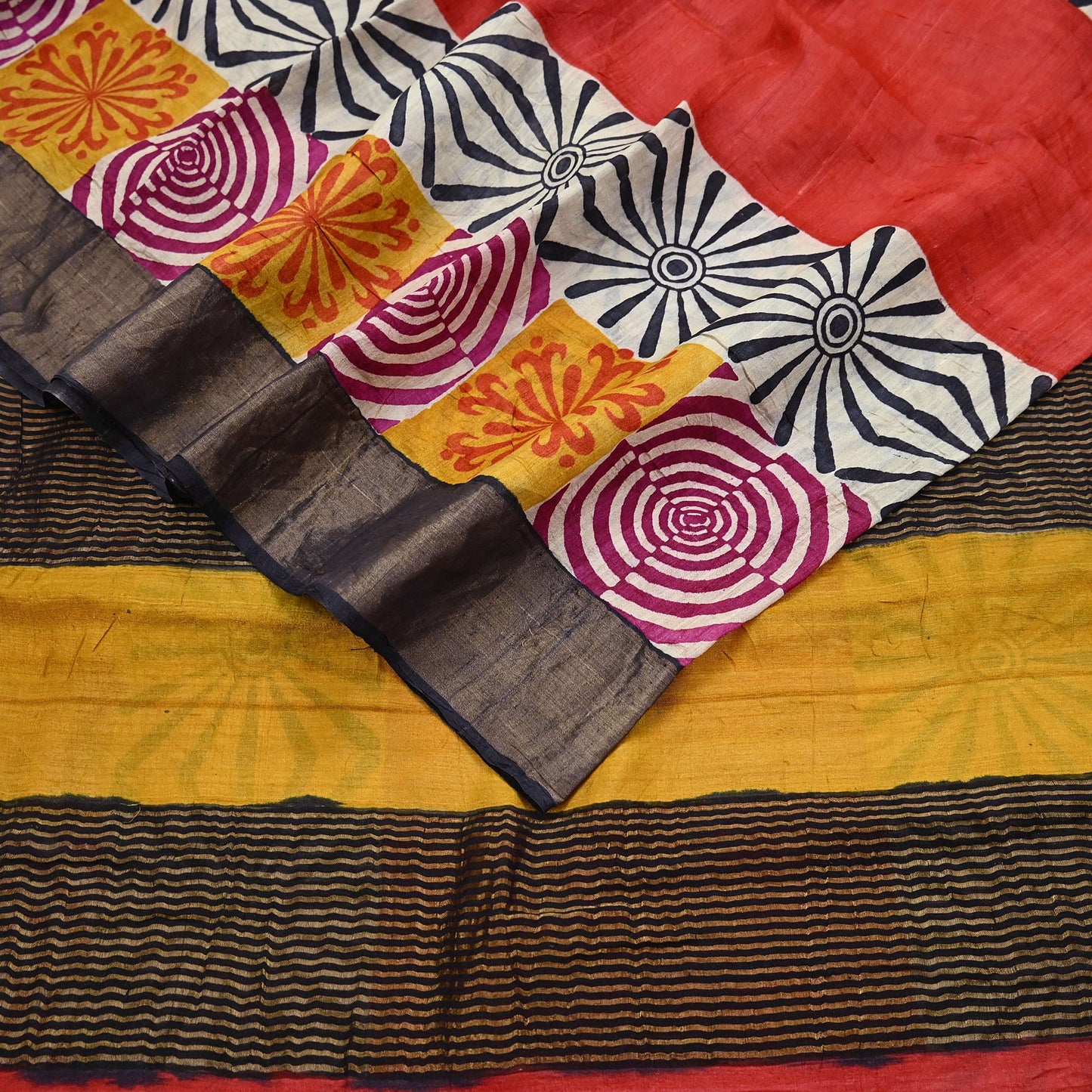 Indian Vintage Heavy Sari Red & Black Pure Khadi Silk Handloom Saree Craft Fabric 5yd Ethnic Wear Dress making For Crafting Quilting