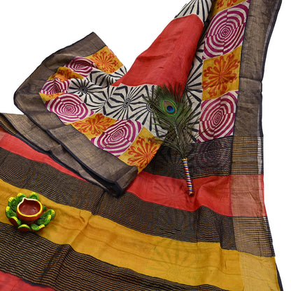 Indian Vintage Heavy Sari Red & Black Pure Khadi Silk Handloom Saree Craft Fabric 5yd Ethnic Wear Dress making For Crafting Quilting