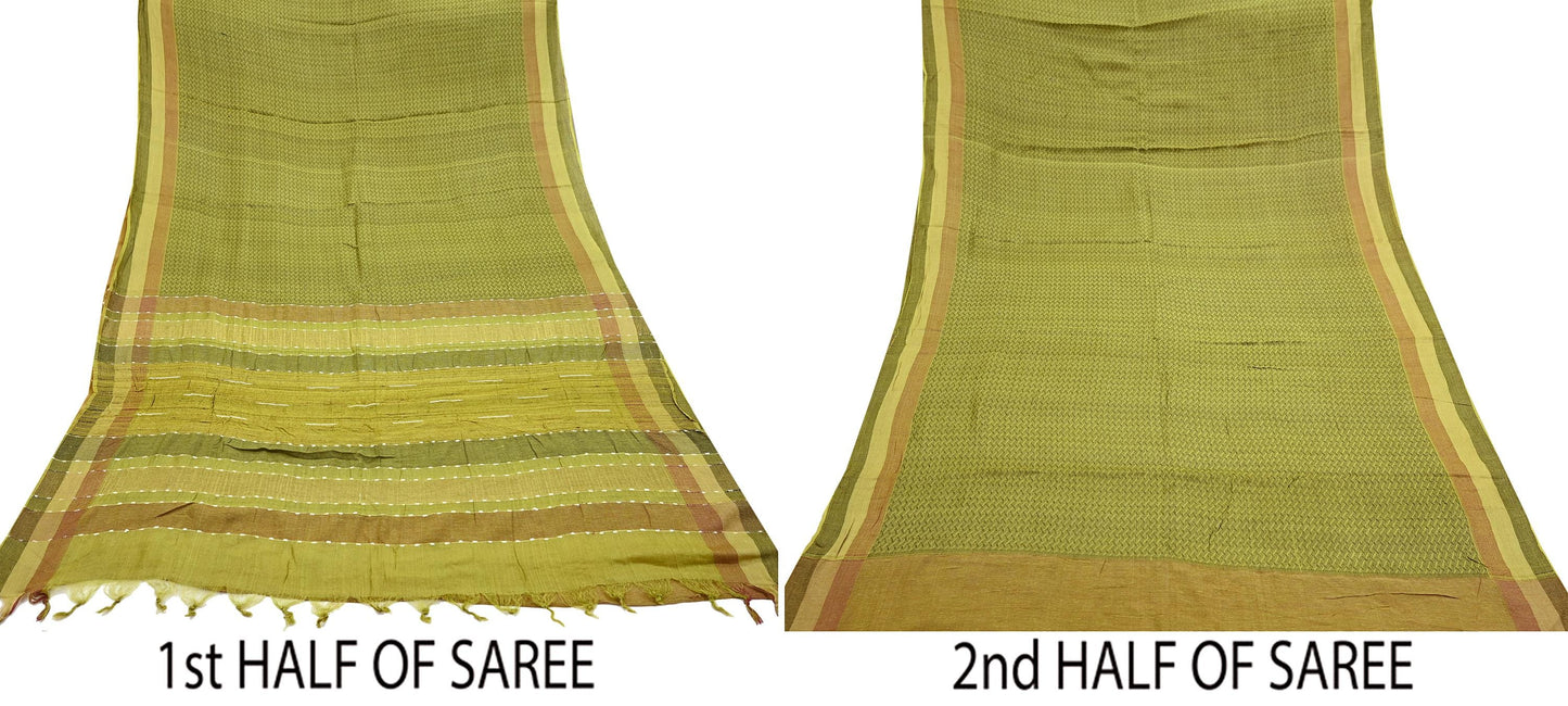 Indian Vintage Heavy Sari Green Pure Khadi Silk Handloom Saree Craft Fabric 6yd Ethnic Wear Dress making For Crafting Quilting
