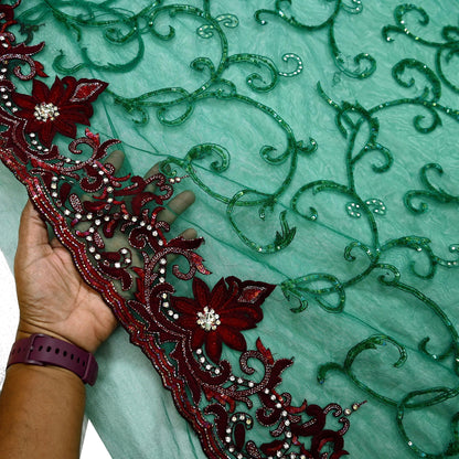 Indian Vintage Heavy Sari Green Net/Mesh Embroidered Sarees Fabric 6Yd Sewing Soft Sequins Floral Zari Bridal/wedding Saris