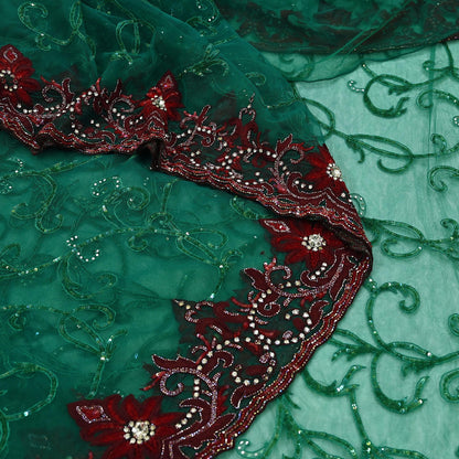 Indian Vintage Heavy Sari Green Net/Mesh Embroidered Sarees Fabric 6Yd Sewing Soft Sequins Floral Zari Bridal/wedding Saris