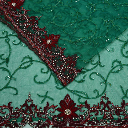 Indian Vintage Heavy Sari Green Net/Mesh Embroidered Sarees Fabric 6Yd Sewing Soft Sequins Floral Zari Bridal/wedding Saris