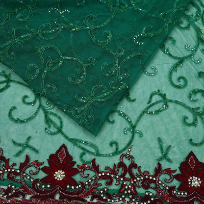 Indian Vintage Heavy Sari Green Net/Mesh Embroidered Sarees Fabric 6Yd Sewing Soft Sequins Floral Zari Bridal/wedding Saris