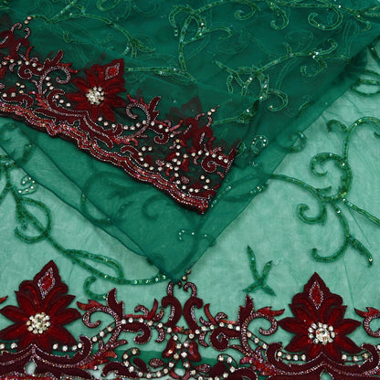 Indian Vintage Heavy Sari Green Net/Mesh Embroidered Sarees Fabric 6Yd Sewing Soft Sequins Floral Zari Bridal/wedding Saris