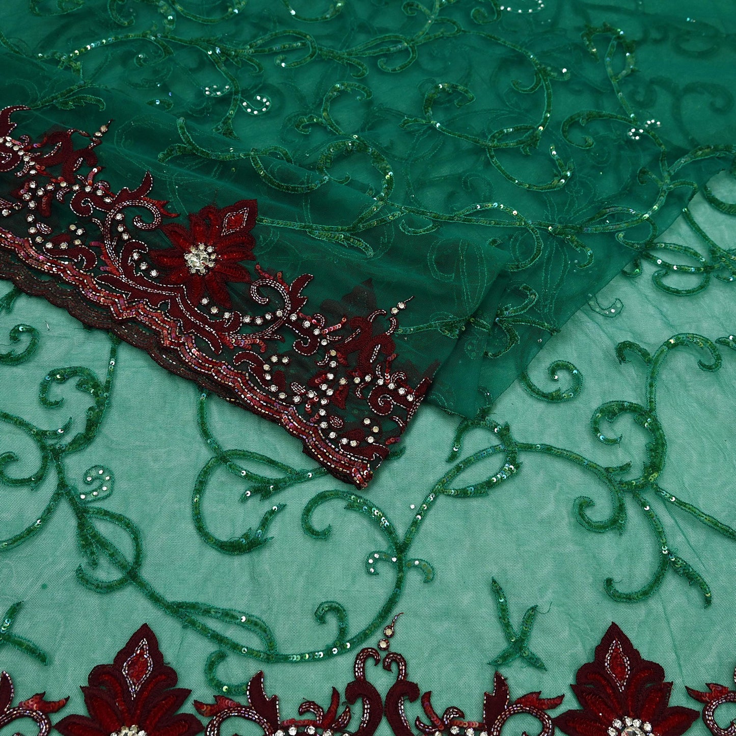 Indian Vintage Heavy Sari Green Net/Mesh Embroidered Sarees Fabric 6Yd Sewing Soft Sequins Floral Zari Bridal/wedding Saris