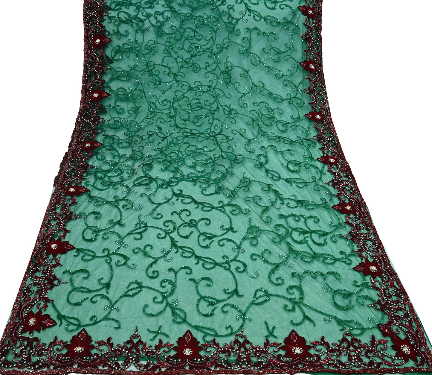 Indian Vintage Heavy Sari Green Net/Mesh Embroidered Sarees Fabric 6Yd Sewing Soft Sequins Floral Zari Bridal/wedding Saris