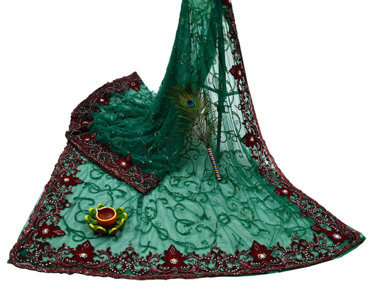 Indian Vintage Heavy Sari Green Net/Mesh Embroidered Sarees Fabric 6Yd Sewing Soft Sequins Floral Zari Bridal/wedding Saris