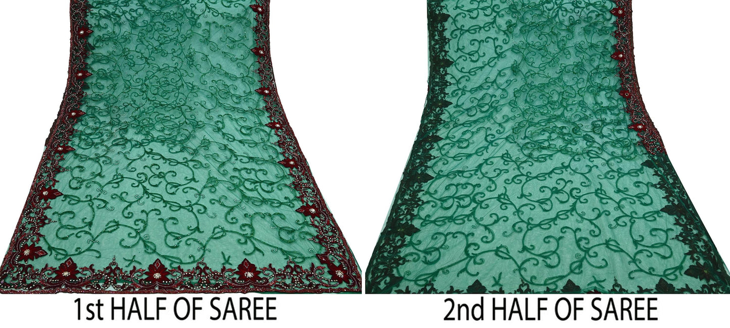 Indian Vintage Heavy Sari Green Net/Mesh Embroidered Sarees Fabric 6Yd Sewing Soft Sequins Floral Zari Bridal/wedding Saris