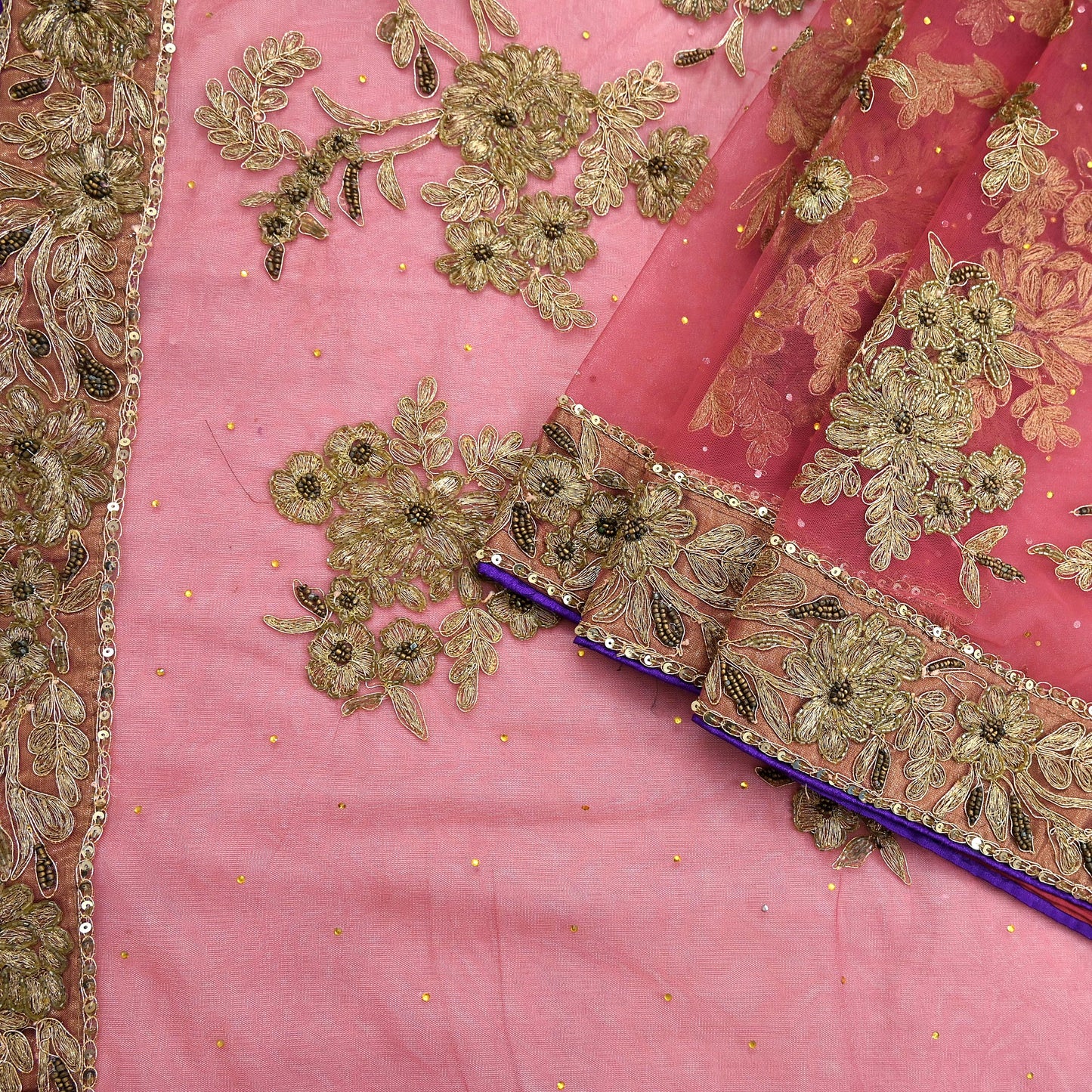 Indian Vintage Heavy Sari Pink Net/Mesh Hand Embroidered Sarees Craft Fabric 6Yd Sewing Soft Zardozi/Dabka Zari Sequins Wedding sarees
