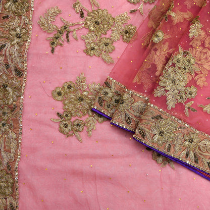 Indian Vintage Heavy Sari Pink Net/Mesh Hand Embroidered Sarees Craft Fabric 6Yd Sewing Soft Zardozi/Dabka Zari Sequins Wedding sarees