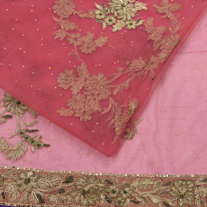 Indian Vintage Heavy Sari Pink Net/Mesh Hand Embroidered Sarees Craft Fabric 6Yd Sewing Soft Zardozi/Dabka Zari Sequins Wedding sarees