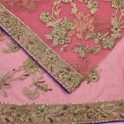 Indian Vintage Heavy Sari Pink Net/Mesh Hand Embroidered Sarees Craft Fabric 6Yd Sewing Soft Zardozi/Dabka Zari Sequins Wedding sarees