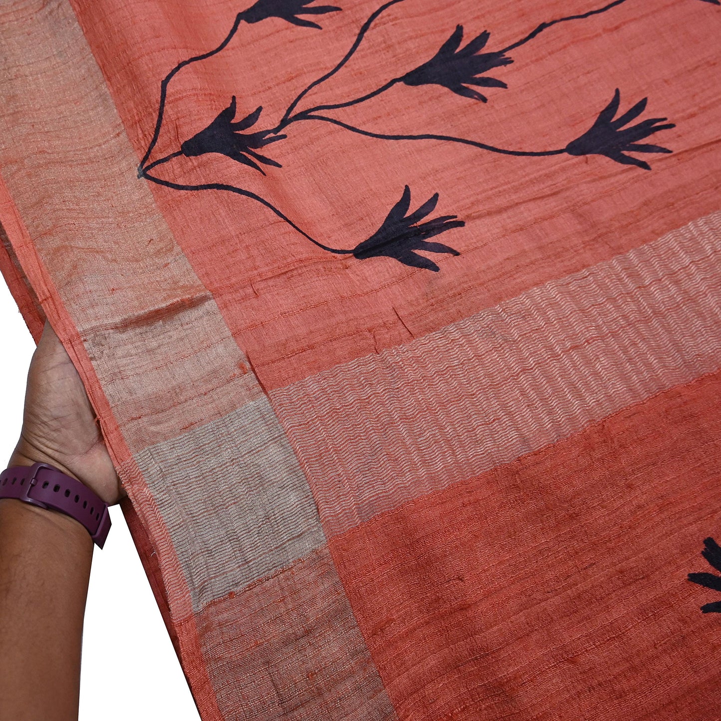 Indian Vintage Peach Saree Pure Khadi Silk Handloom Woven Zari Sari Craft Fabric 5yd Ethnic Wear Border Dress making Upcycle Fringes