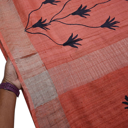 Indian Vintage Peach Saree Pure Khadi Silk Handloom Woven Zari Sari Craft Fabric 5yd Ethnic Wear Border Dress making Upcycle Fringes