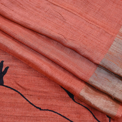 Indian Vintage Peach Saree Pure Khadi Silk Handloom Woven Zari Sari Craft Fabric 5yd Ethnic Wear Border Dress making Upcycle Fringes