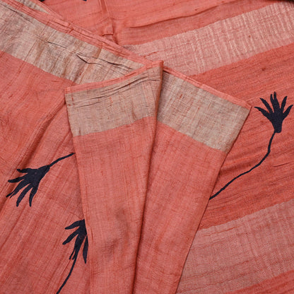 Indian Vintage Peach Saree Pure Khadi Silk Handloom Woven Zari Sari Craft Fabric 5yd Ethnic Wear Border Dress making Upcycle Fringes