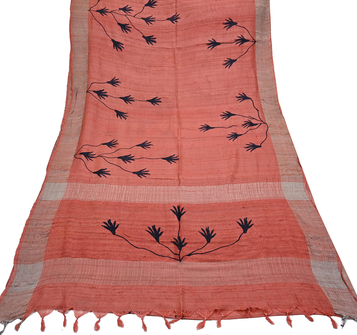 Indian Vintage Peach Saree Pure Khadi Silk Handloom Woven Zari Sari Craft Fabric 5yd Ethnic Wear Border Dress making Upcycle Fringes