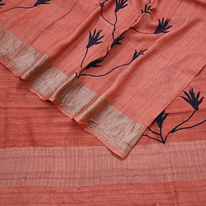 Indian Vintage Peach Saree Pure Khadi Silk Handloom Woven Zari Sari Craft Fabric 5yd Ethnic Wear Border Dress making Upcycle Fringes
