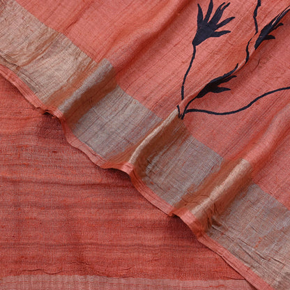 Indian Vintage Peach Saree Pure Khadi Silk Handloom Woven Zari Sari Craft Fabric 5yd Ethnic Wear Border Dress making Upcycle Fringes